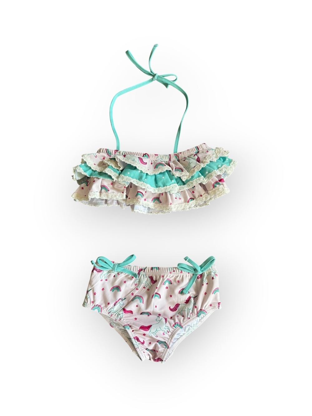 Sweet Honey Ruffle Two-Piece Kids Swim Set in Mint and Pink